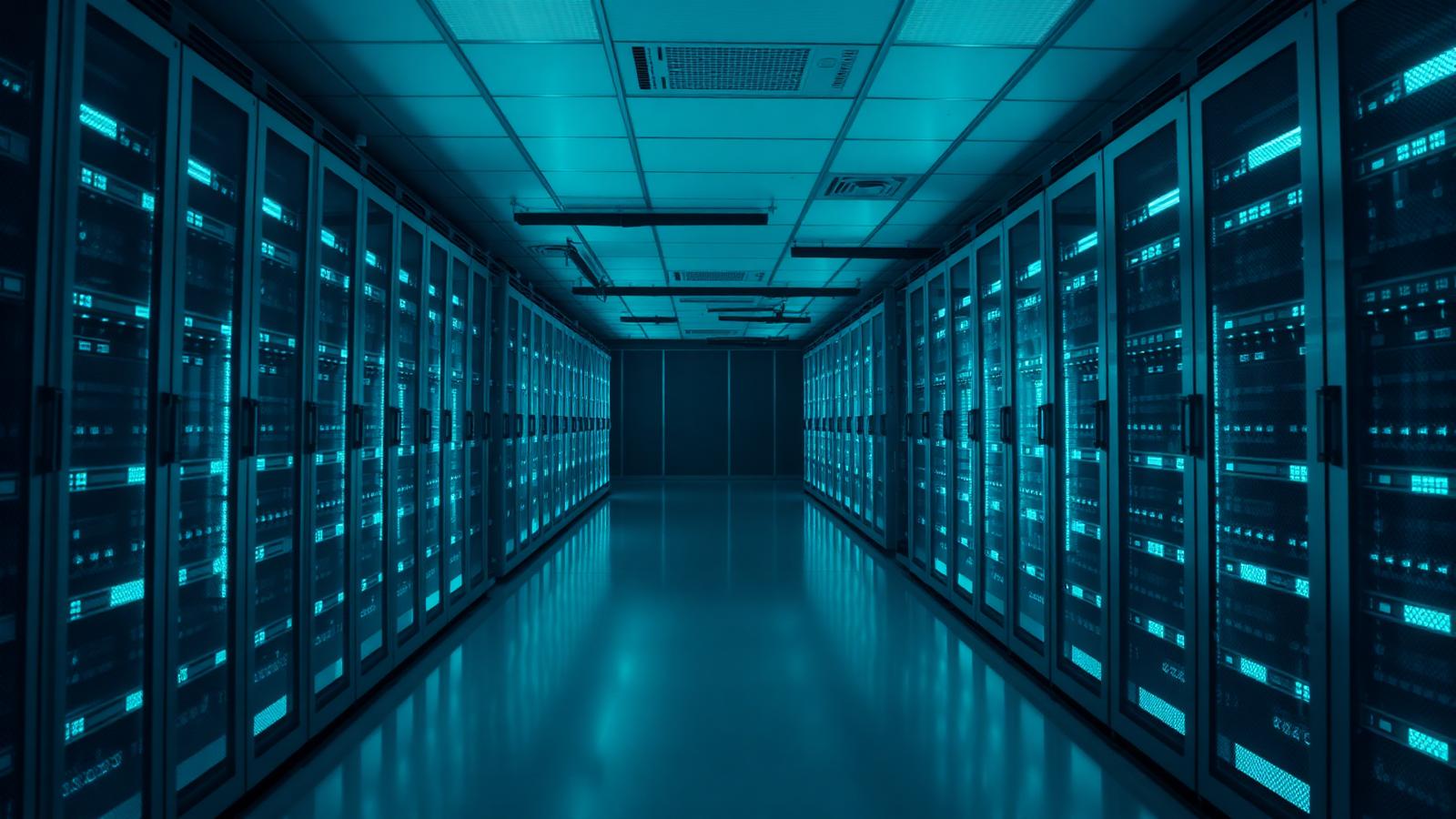 Data centre corridor with illuminated server racks supporting cloud infrastructure