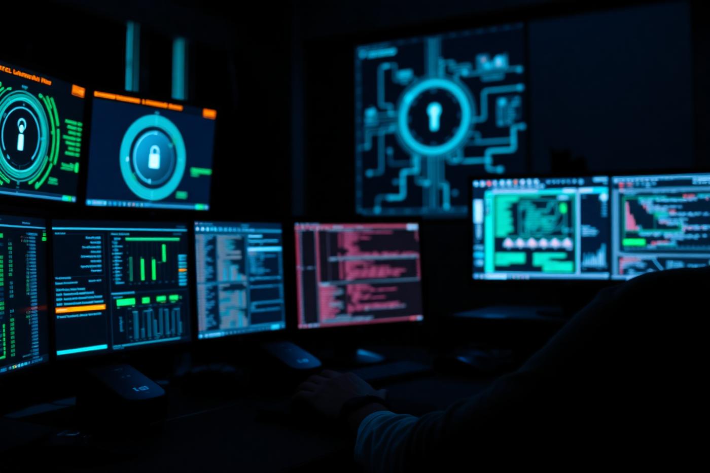 Security operations workstation displaying encrypted network monitoring dashboards