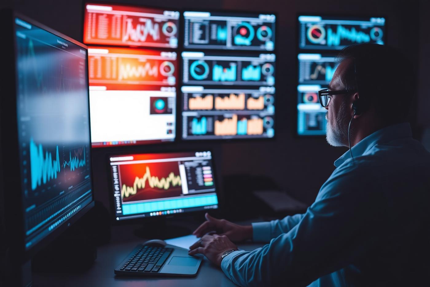 Analyst reviewing operational data dashboards across several monitors