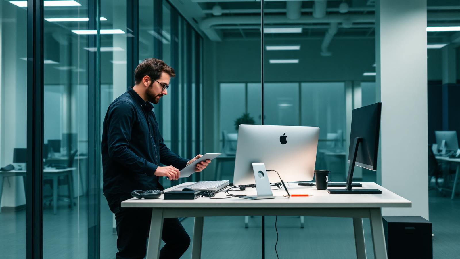Engineer reviewing technical documentation at a standing desk in a modern office
