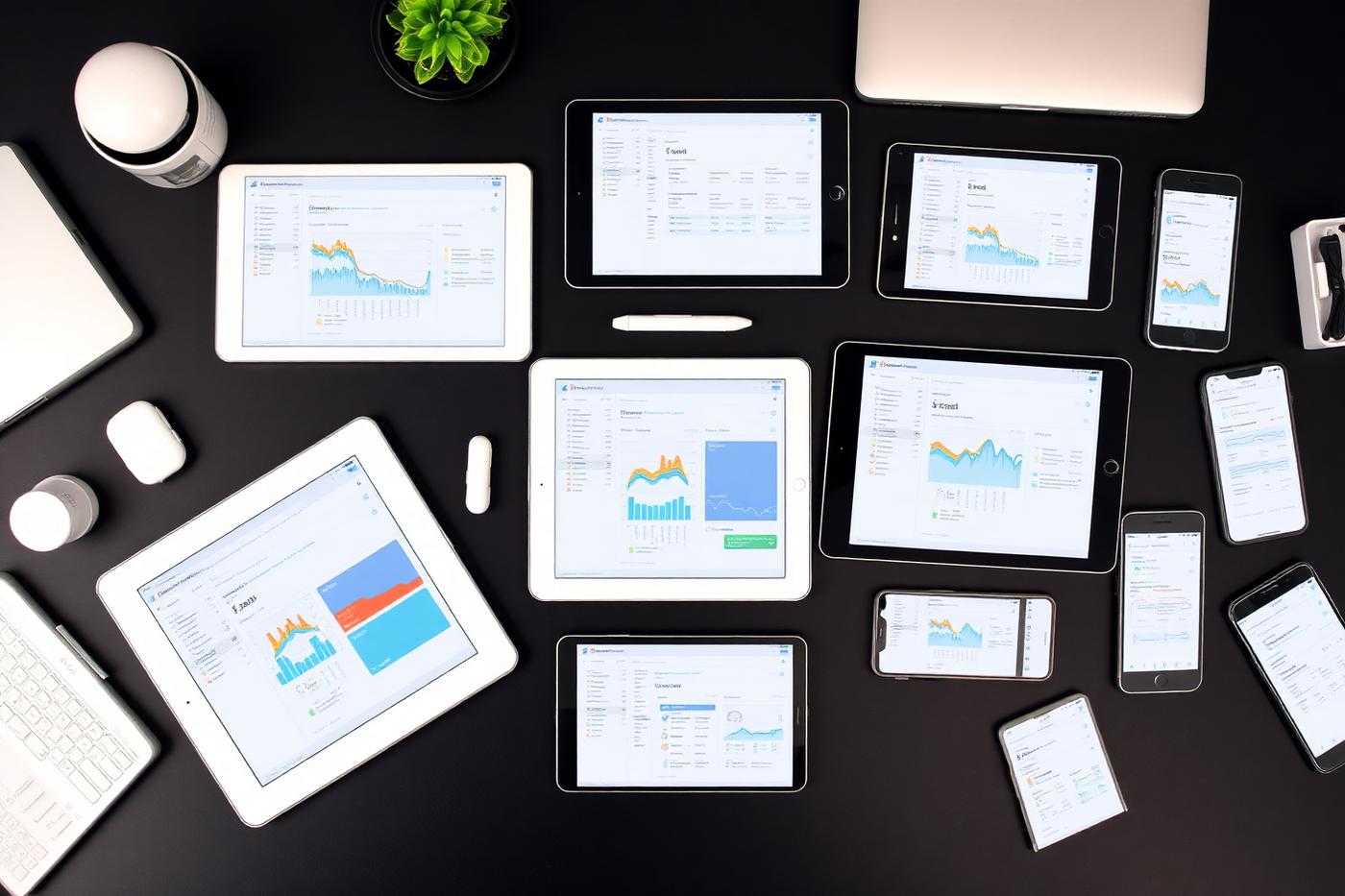 Tablets and phones arranged for cross-device testing of a web application
