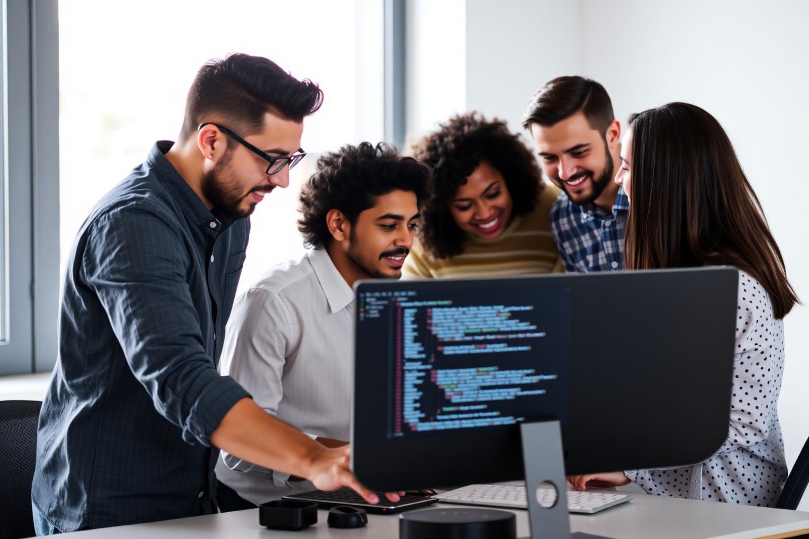 Software engineers reviewing application code together on a large monitor in a bright office